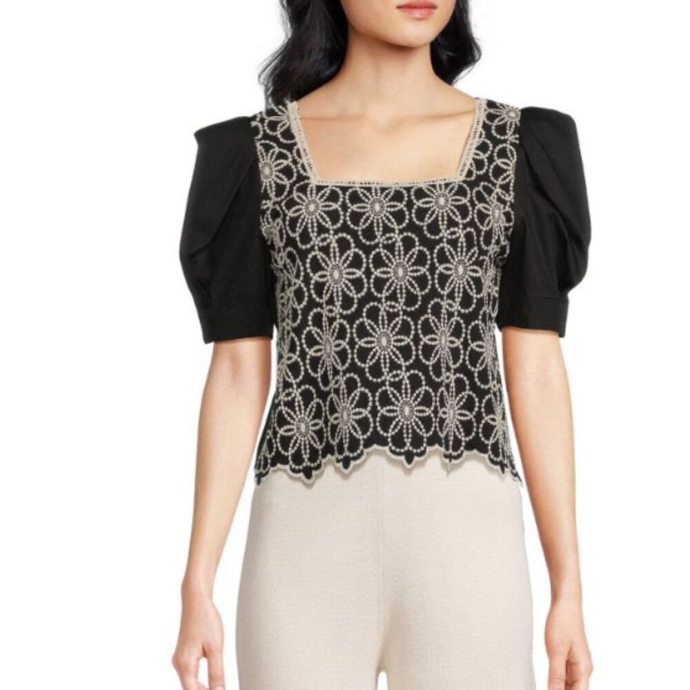 Lea & Viola size Small Black Tan Floral Square Neck Crochet Crop Top Feminine